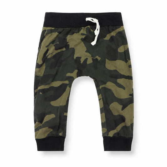 Front view of Preworn Baby Green Camouflage Jogger Trousers, size 9, Months