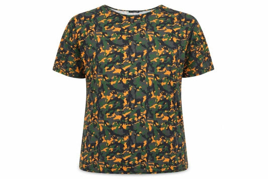 Front view of PRETTYLITTLETHING women’s green camouflage basic blouse, size UK 12