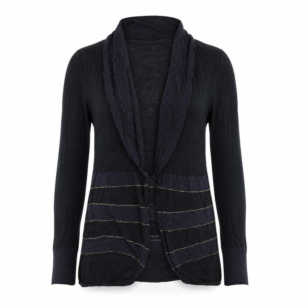 Front view of Per Una women’s blue cardigan jumper, size UK 12