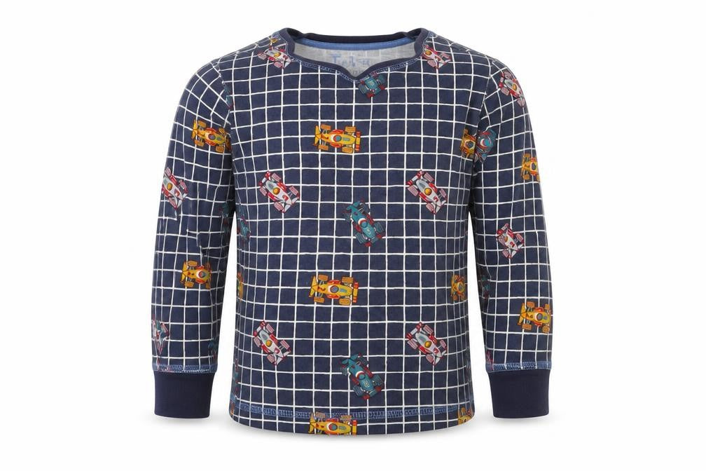 Front view of Tu boys’ blue colourblock basic t-shirt, size 2-3, years - race car print