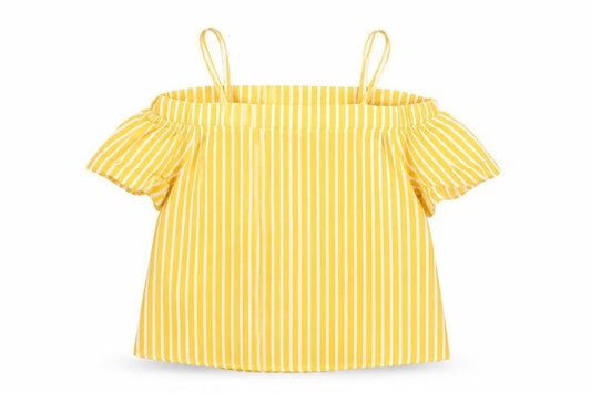 Front view of Primark girls’ yellow striped basic t-shirt, size 12-13, years