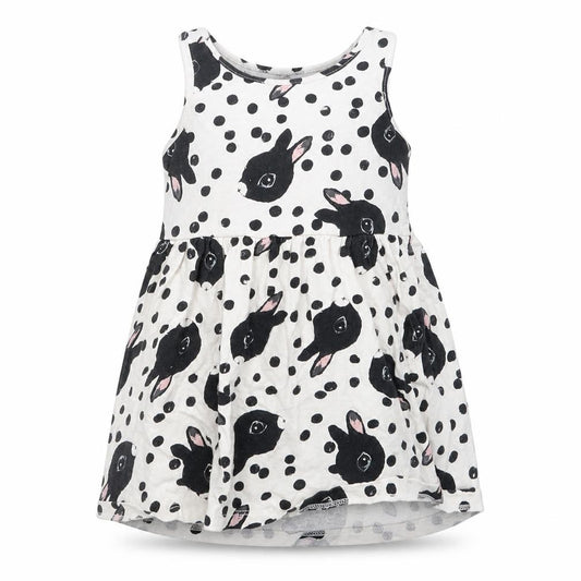 Front view of H&M girls’ black geometric t-shirt dress, size 2, years - rabbits