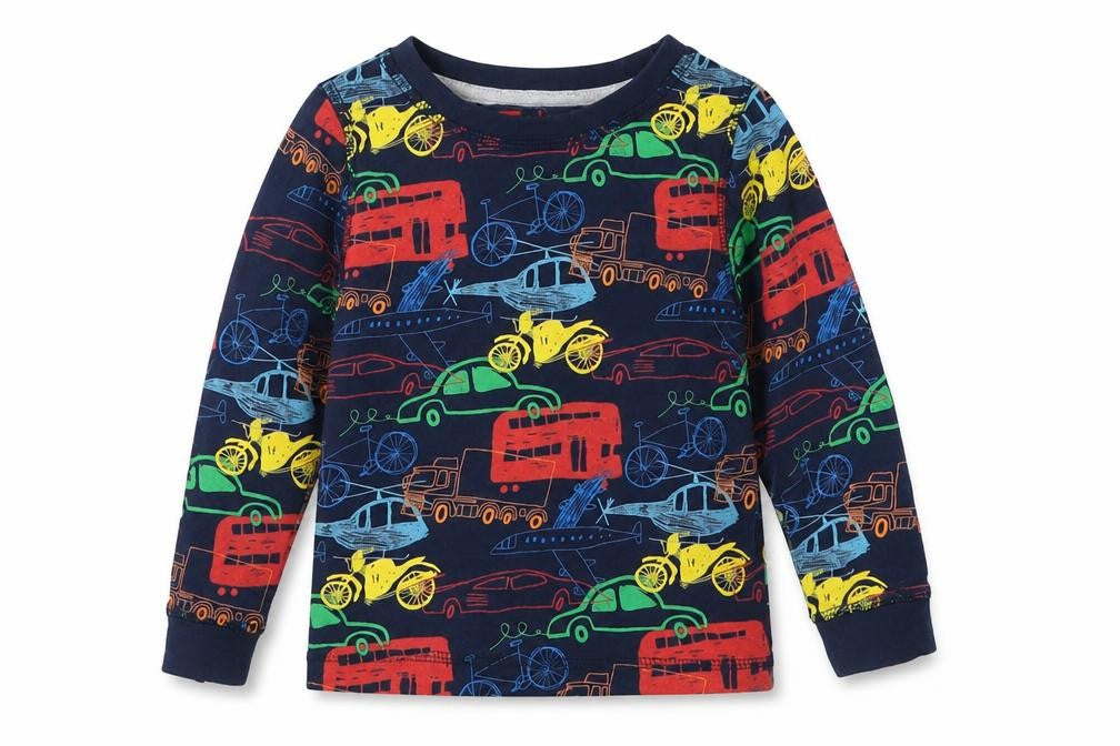 Front view of Tu boys’ blue geometric pyjama top, size 2-3, years - cars