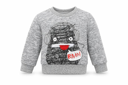 Front view of Mini Rebel Baby Grey jumper, size 9-12, Months - monster face