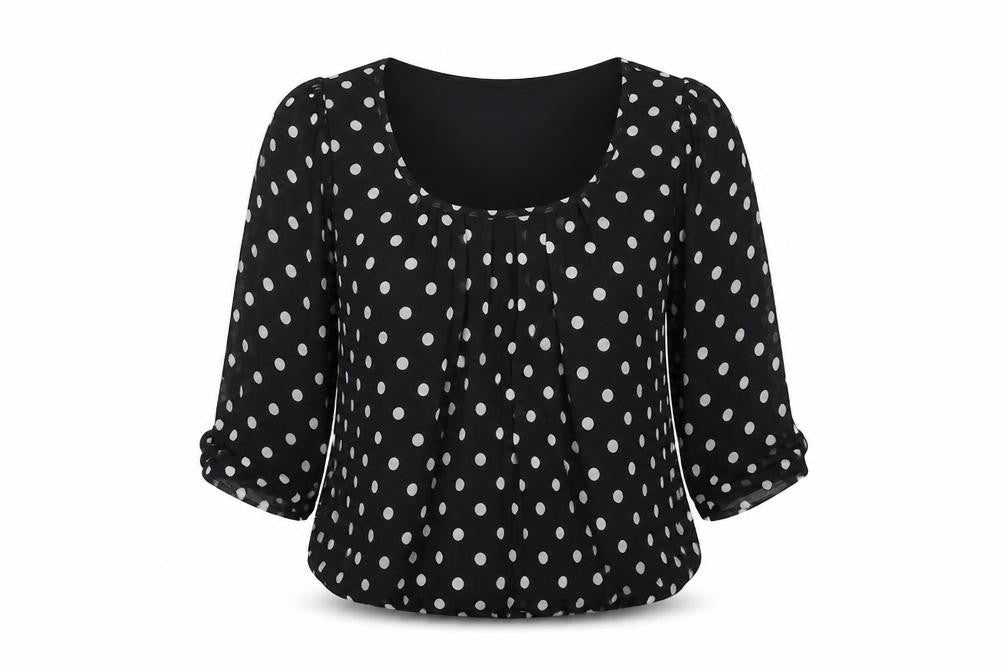 Front view of New Look women’s black polka dot basic blouse, size UK 8