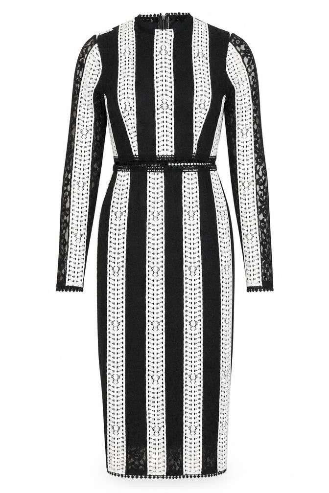 Front view of PRETTYLITTLETHING women’s black striped pencil dress, size UK 4