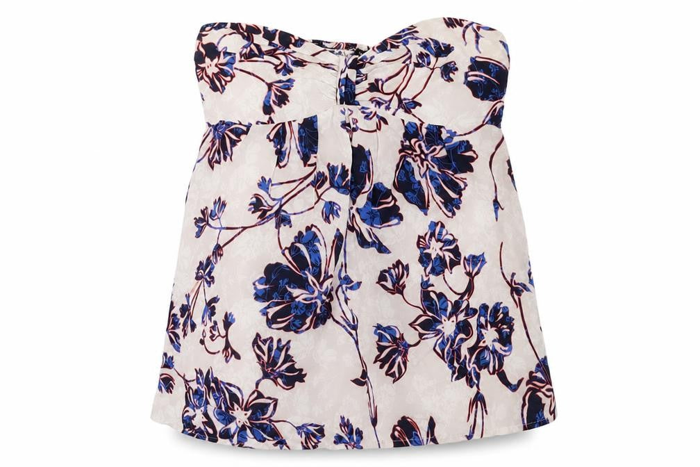 Front view of Warehouse women’s blue floral basic tank, size UK 14