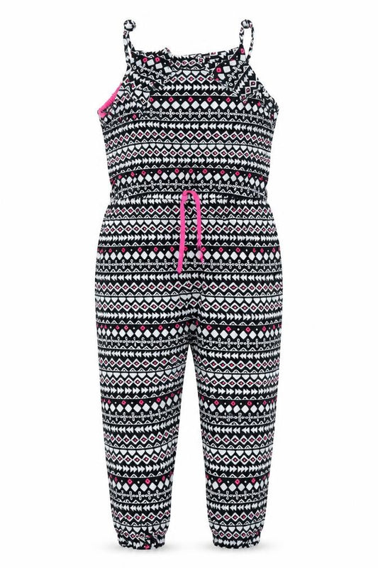 Front view of Matalan girls’ black geometric jumpsuit one-piece, size 8, years - pink