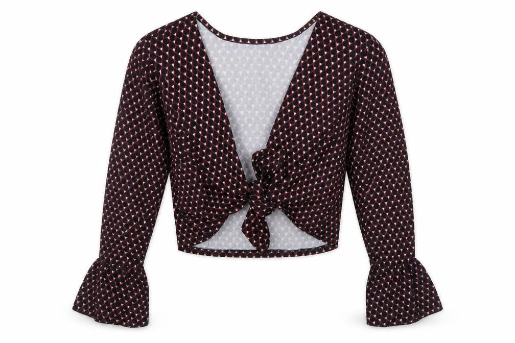 Front view of Made in Italy women’s black geometric cropped blouse, size UK 10
