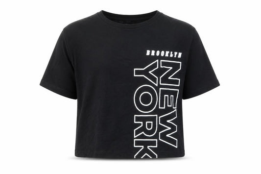 Front view of H&M girls’ black cropped t-shirt, size 9, years