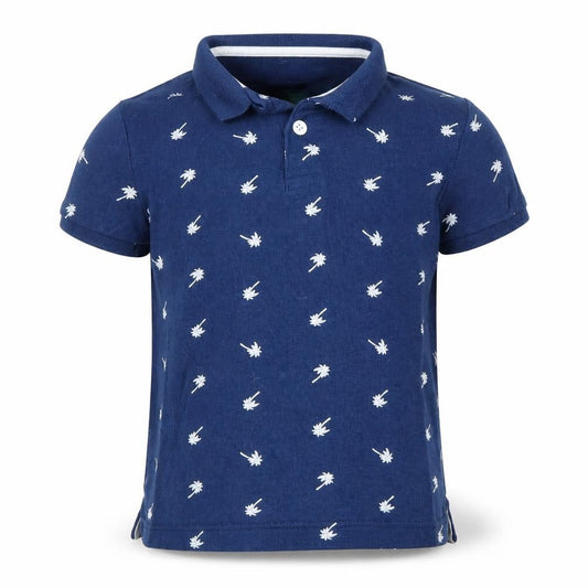 Front view of Little Kids boys’ blue basic polo, size 5-6, years - palm trees