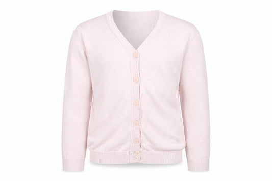 Front view of Malwee girls’ pink knit cardigan jumper, size 6, years