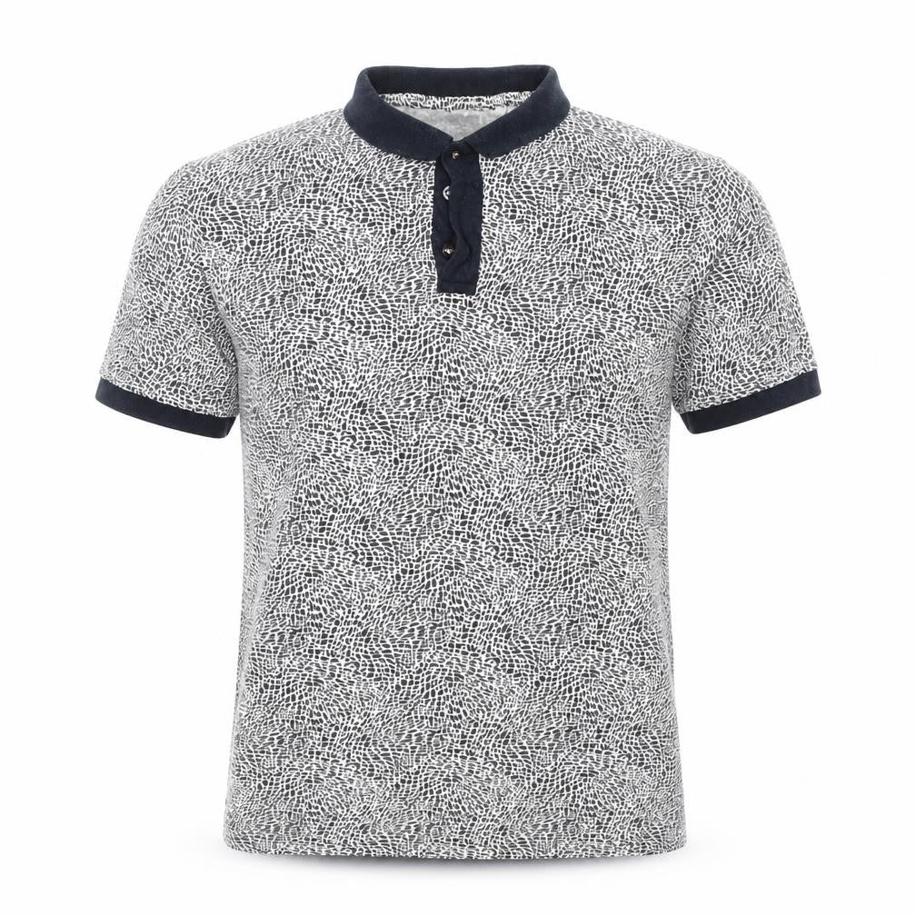Front view of Cedarwood State men’s beige animal print polo, size M