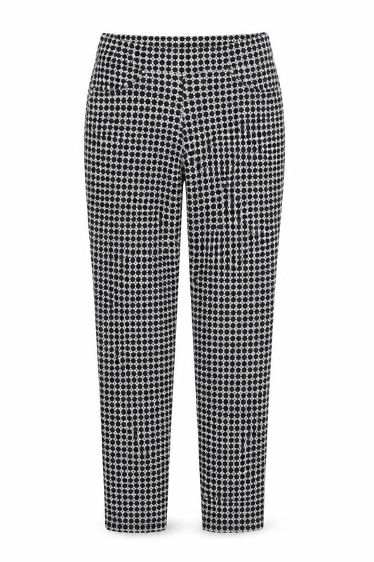Front view of Deck women’s black geometric trousers, size UK 24, in, 27-inch leg