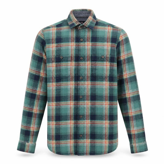 Front view of Easy men’s green plaid button-up, size S