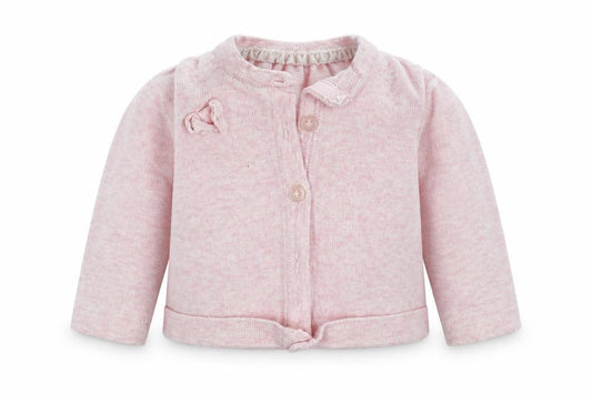 Front view of Early Days girls’ pink knit cardigan jumper, size 0-3, months