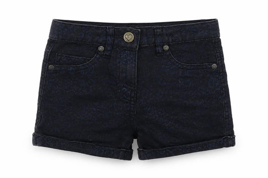 Front view of George girls’ blue animal print denim hot pants shorts, size 4-5, years