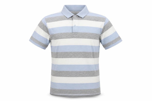 Front view of Cedarwood State men’s blue striped polo, size M