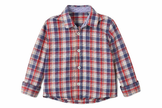 Front view of Marks & Spencer boys’ blue plaid basic button-up, size 2-3, years