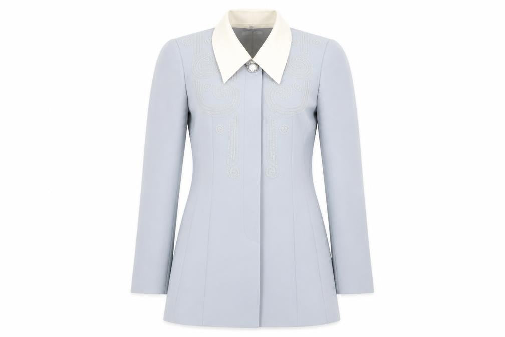 Front view of Gondici Set women’s blue jacket, size UK 10