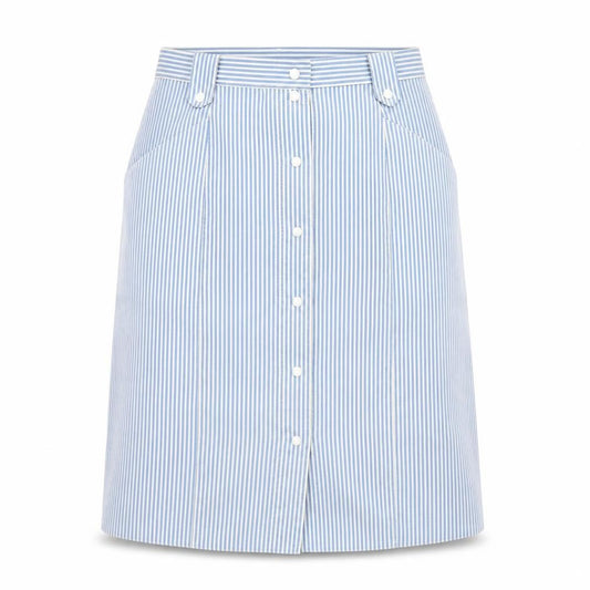 Front view of Preworn women’s blue striped a-line skirt, size UK 30, in