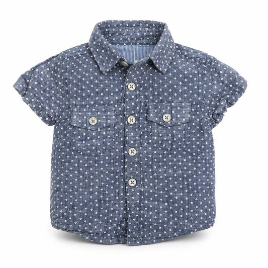 Front view of Rebel Baby Blue Polka Dot Basic Button-Up, size 9-12, Months