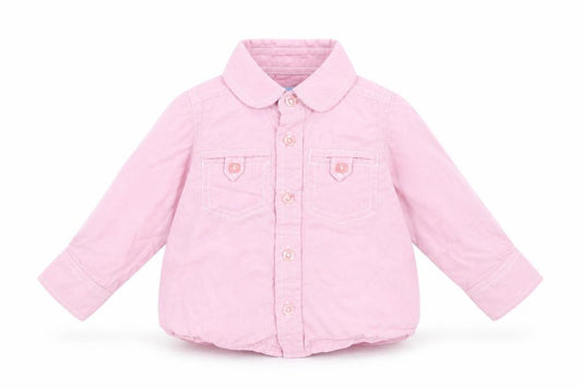 Front view of Rebel girls’ pink basic button-up, size 9-12, months