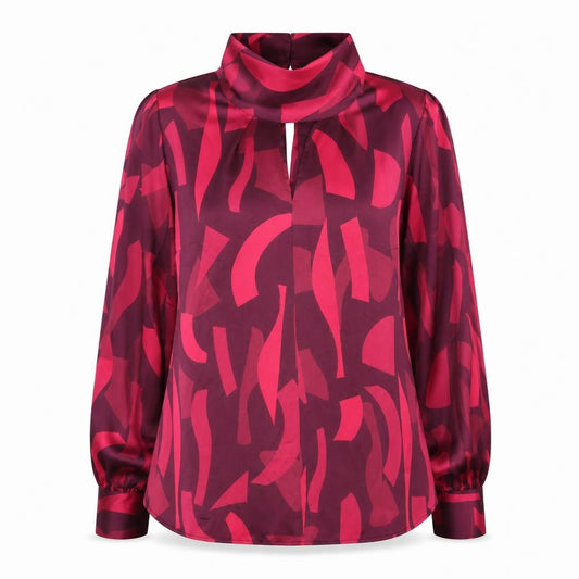 Front view of petite women’s red camouflage basic button-up, size UK 12