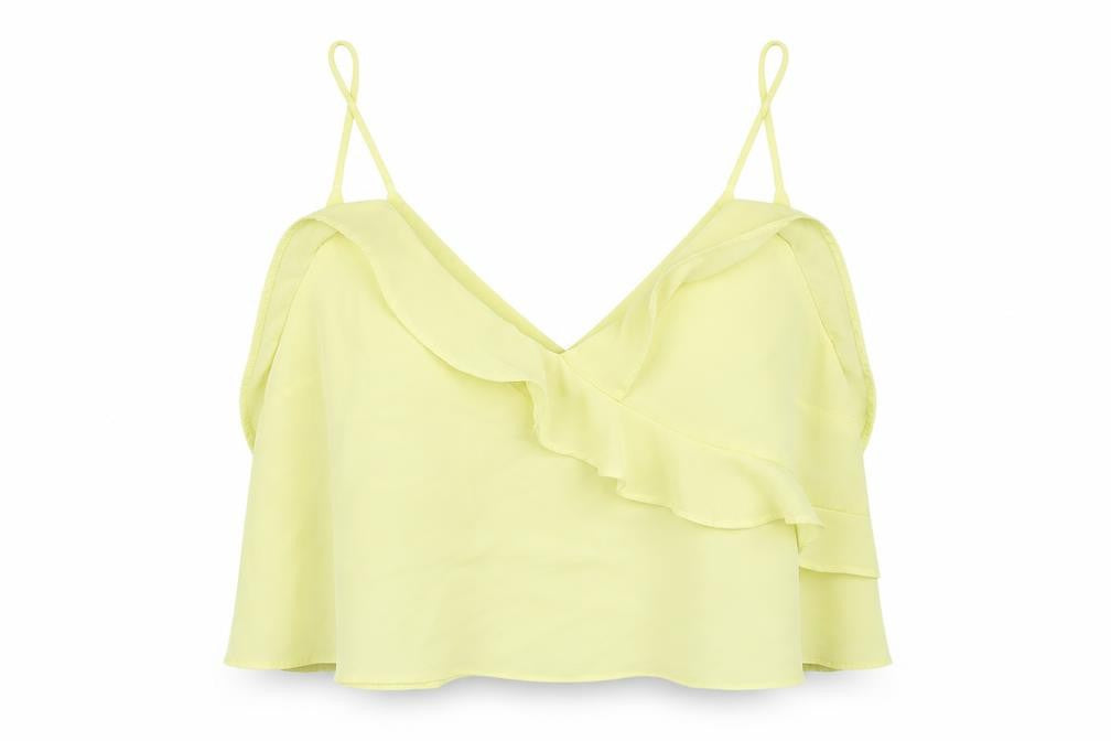 Front view of Preworn women’s yellow cropped blouse, size UK 16