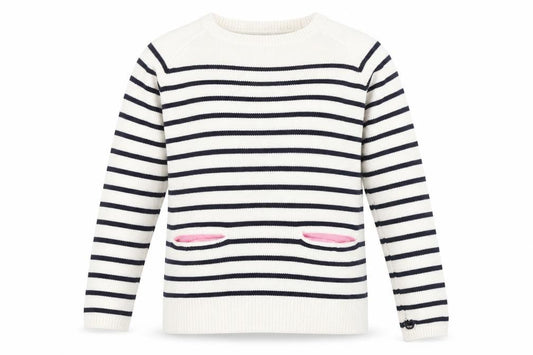 Front view of H&M girls’ beige striped jumper, size 9, years