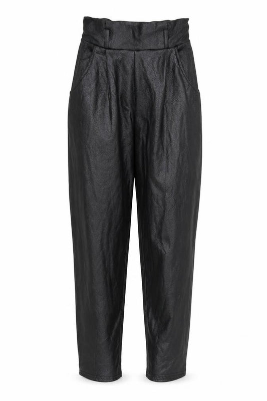 Front view of PRETTYLITTLETHING women’s black trousers, size UK 6, 25-inch leg - frill detail