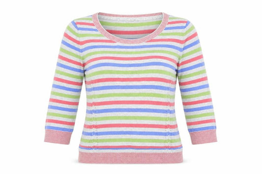 Front view of Per Una women’s multicoloured striped jumper, size UK 12