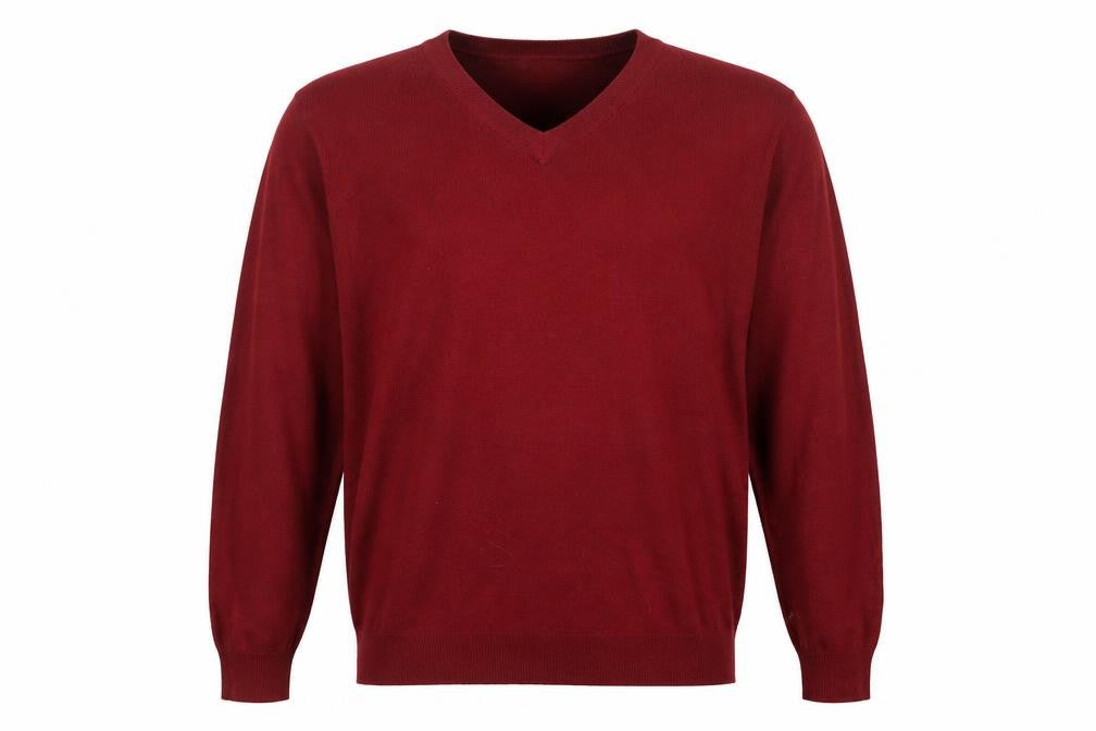 Front view of Simon Taylor men’s red knit jumper, size M