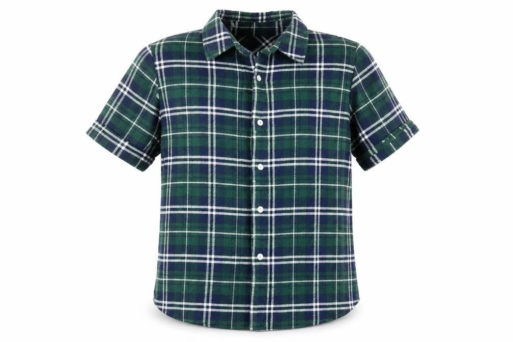 Front view of Measeor men’s blue check button-up, size L