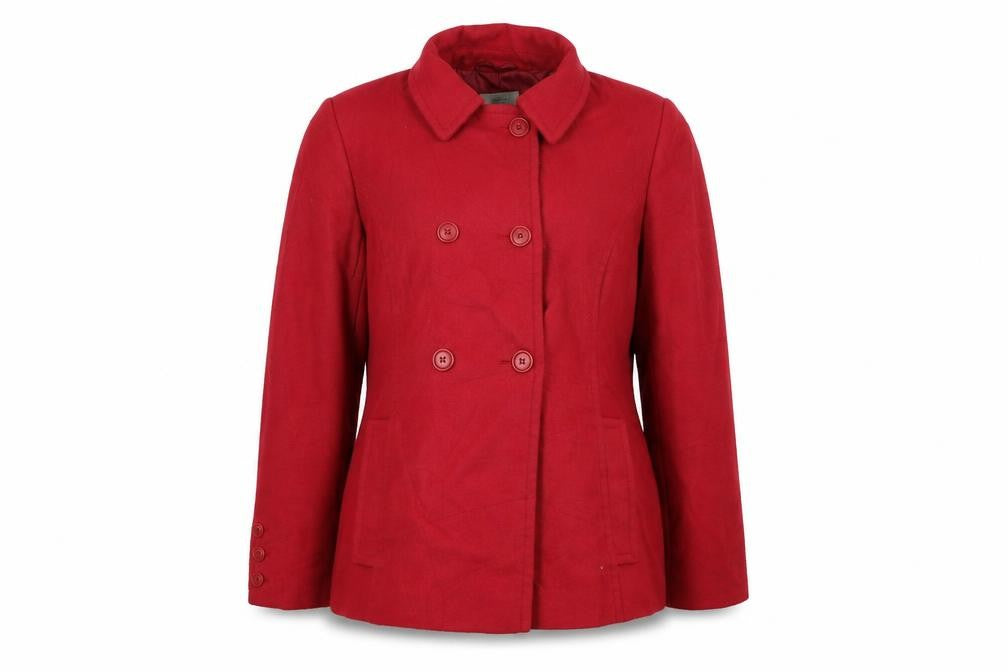Front view of Marks & Spencer women’s red overcoat coat, size UK 14