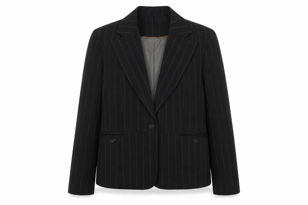 Front view of South women’s black striped jacket blazer, size UK 16