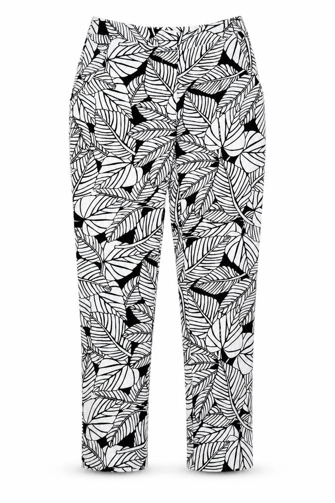 Front view of Atmosphere women’s white floral trousers, size UK 6, 27-inch leg
