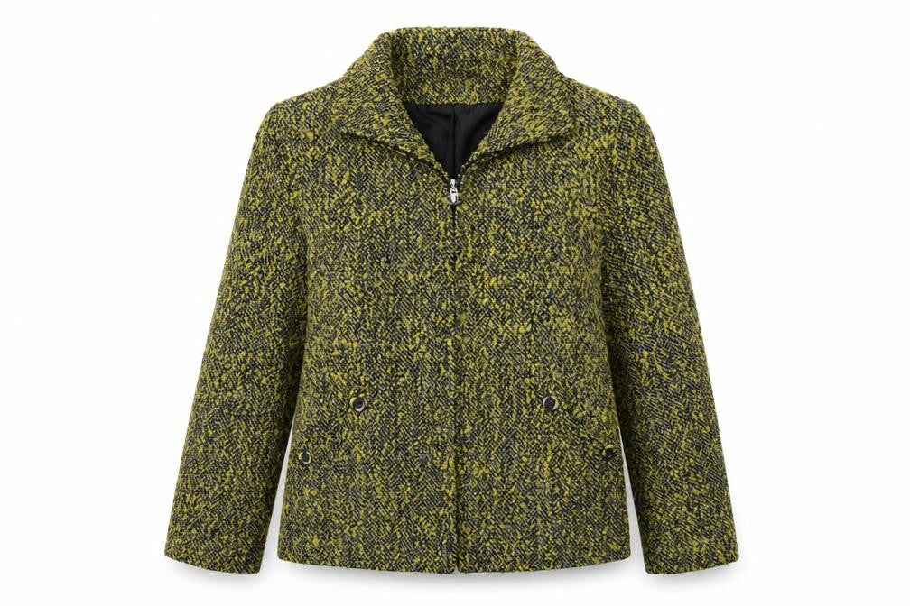 Front view of ALEXARA women’s yellow jacket coat, size UK 12