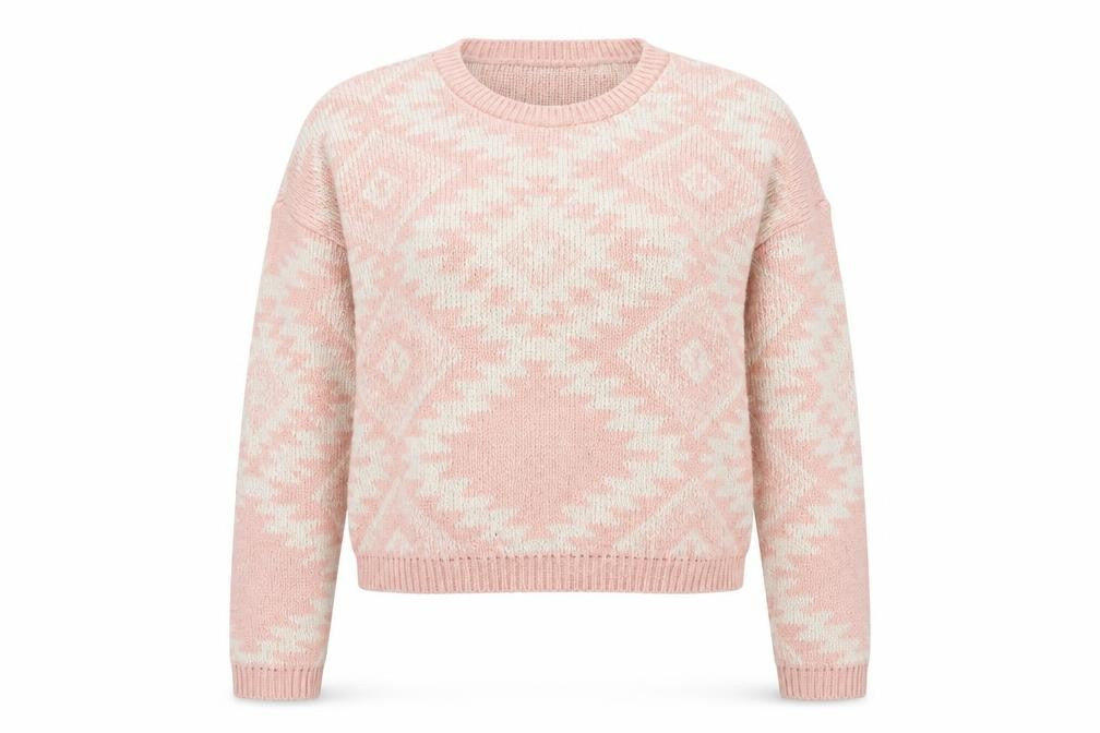 Front view of New Look women’s pink geometric jumper, size UK 12