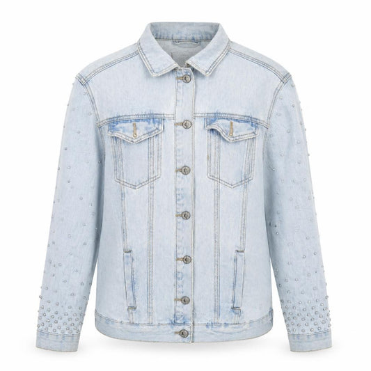 Front view of New Look women’s blue denim jacket, size UK 8, - distressed