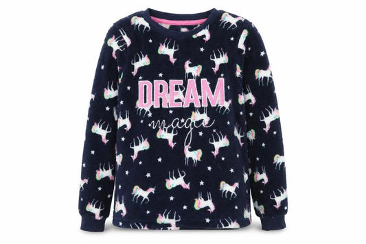 Front view of Matalan girls’ blue geometric microfibre top pyjama top, size 11, years - unicorn dream magic