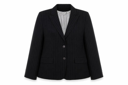 Front view of Autonomy women’s black striped jacket suit jacket, size UK 18