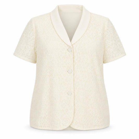 Front view of Petite Plus women’s ivory lace jacket, size UK 18