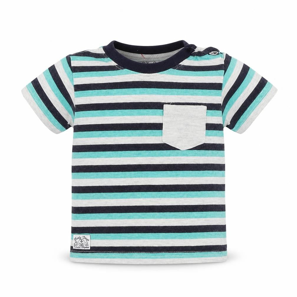 Front view of Early Days boys’ grey striped basic t-shirt, size 2, years