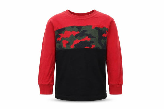 Front view of Next boys’ red camouflage pullover sweatshirt, size 2-3, years