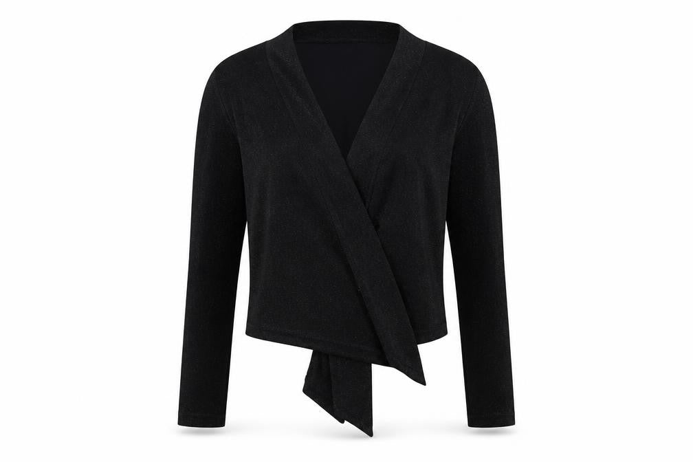 Front view of WOW women’s black wrap blouse size 2xs