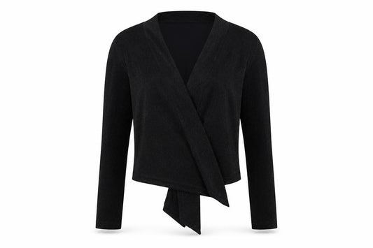 Front view of WOW women’s black wrap blouse size 2xs