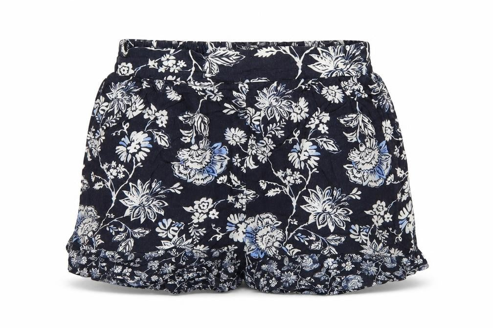 Front view of H&M women’s blue floral hot pants shorts, size UK 4
