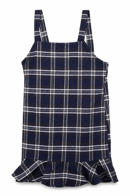 Front view of SHEIN girls’ blue check a-line, size 8, years