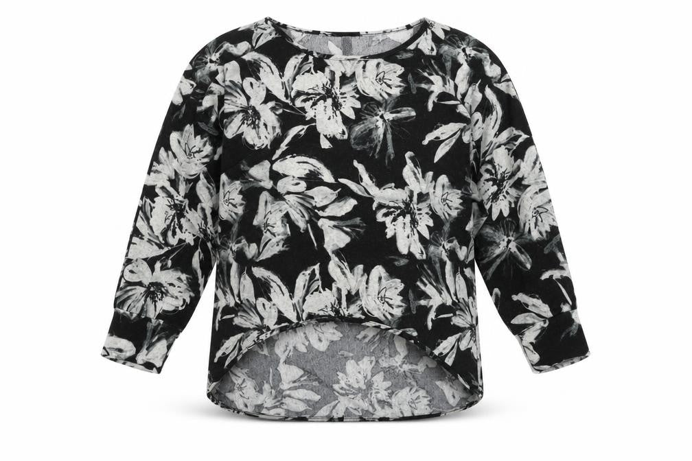 Front view of Stella women’s black floral jumper, size UK 12